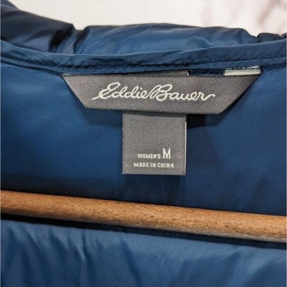 Eddie Bauer Down Puffer Jacket Women Medium Blue Parka Coat Hood Long 650 FP - Picture 3 of 13